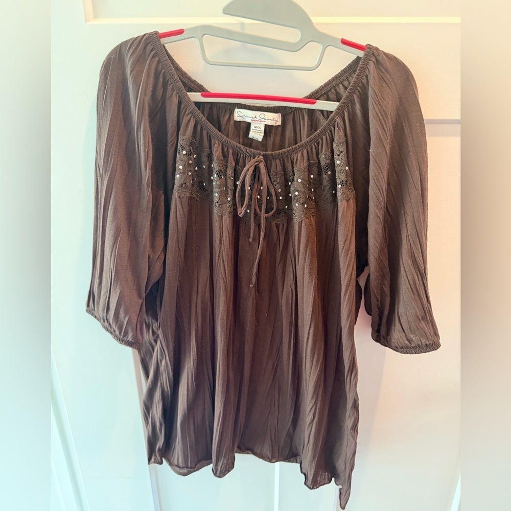 French Laundry Brown Boho Peasant Blouse Lace Sequin Detail Size 14/16